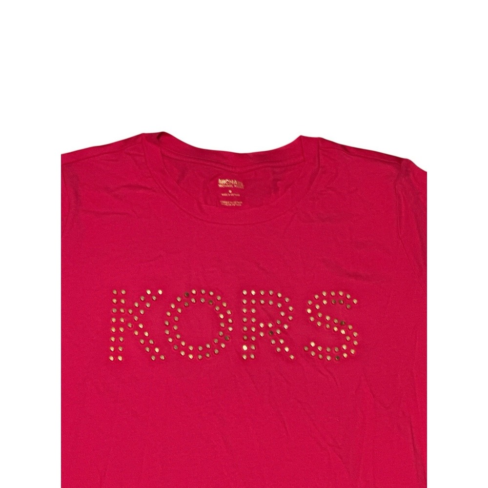 Michael Kors Hot Pink Gold Studded Logo T-Shirt Women's Size M 60%Cott/40%Modal